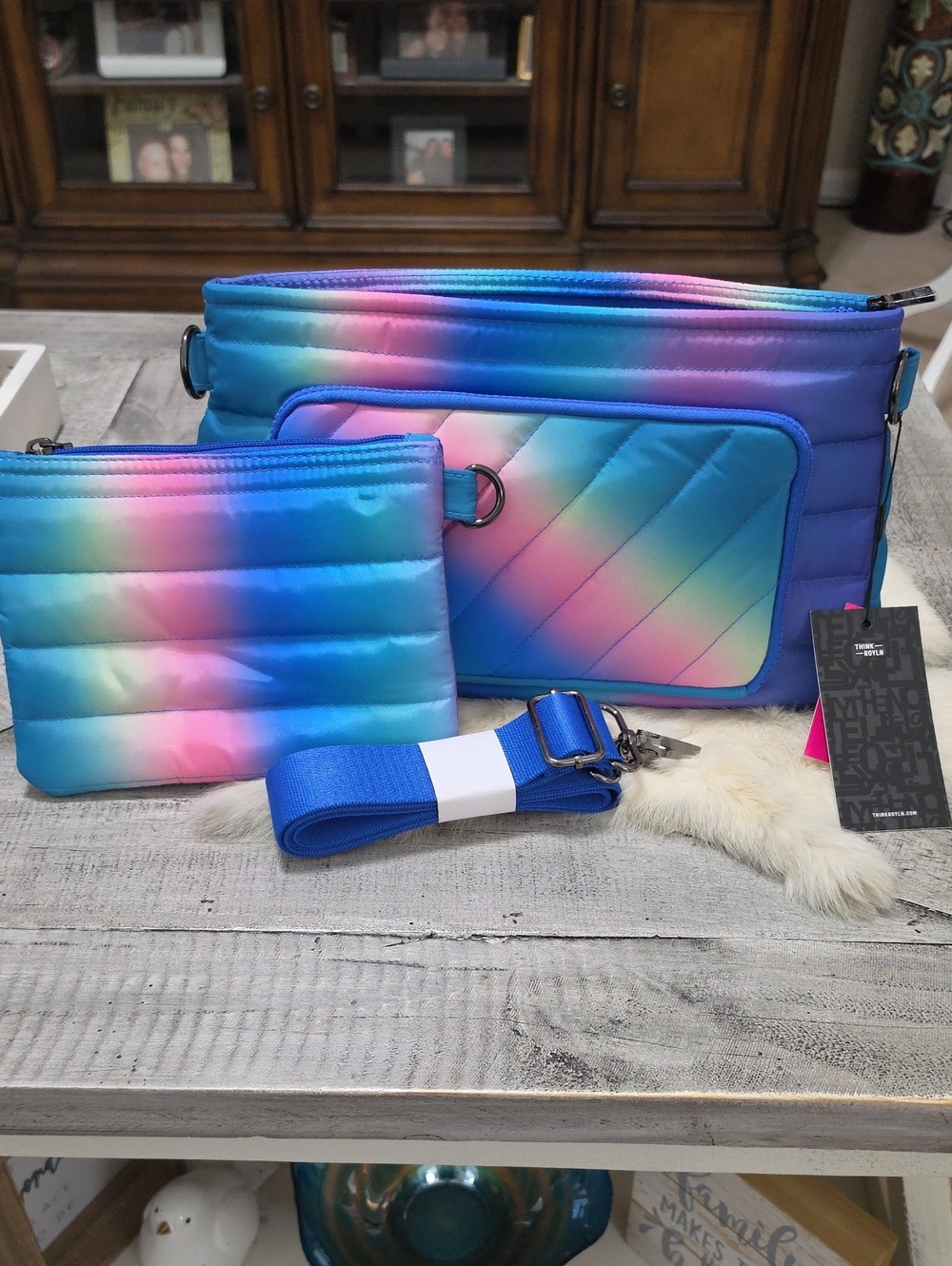 NWT Think Royln Blue Rainbow Quilted Crossbody 2 Bag Set With Wallet Panel.